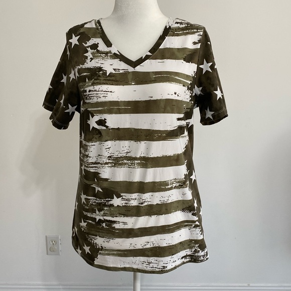 Denim&Co Tops - NWOT Denim & Co Olive Flag T Shirt